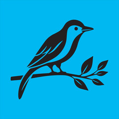 Bird Sitting on Branch Vector Illustration,Simple Line Art Bird on Tree Branch,Minimalist Bird Drawing Perched on Branch,Black and White Bird Silhouette Vector,Elegant Bird Outline with Leaves Design