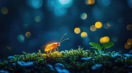 Tiny glowing insect on moss, illuminated by fireflies