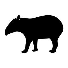 Black Silhouette of a Tapir Standing on a White Background, Cute animal