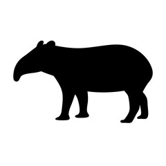 Black silhouette of a tapir animal, seen in profile against white background