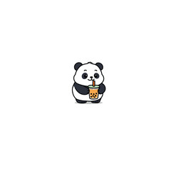 Cute chubby panda rounded body holding a cup of bubble tea (boba) cartoon, vector illustration