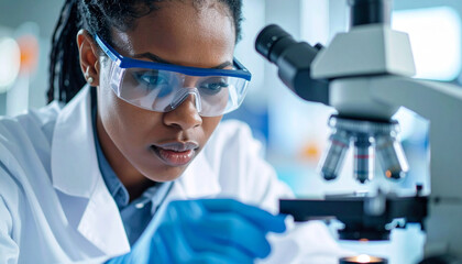 Una mujer cientifico en un laboratorio farmacéutico investigando o analizando muestras biológicas a través de un microscopio 