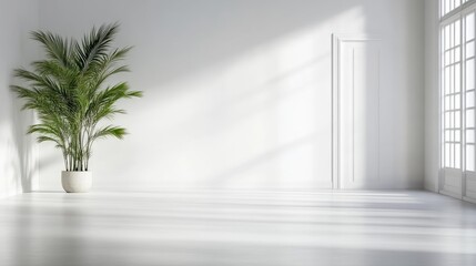 Bright, minimalist interior space. Sunlight streams into a modern, empty room with a palm tree