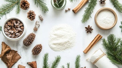 Obraz premium Christmas-themed flat lay with wrapped gifts, pinecones, and green branches arranged around a blank white presentation area.