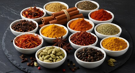 Assorted Spices in Ceramic Bowls on Slate Background