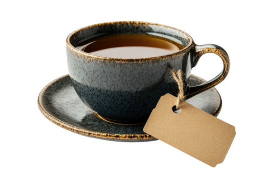 Warm tea in rustic ceramic cup blank tag inviting cozy moment Soft natural light white background