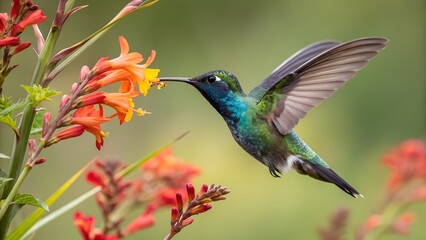 Fototapeta premium a humming bird sucking nectar from a flower