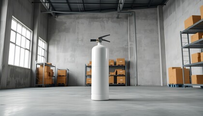 Industrial warehouse interior, floating white cylinder, ceiling fan, concrete floor, large windows, metal shelving units, cardboard boxes, minimalist design, surreal composition, stark lighting