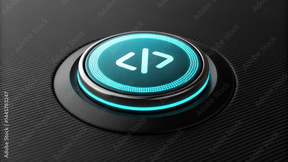 Poster circular button with glowing cyan curly braces icon, representing programming syntax, placed on text