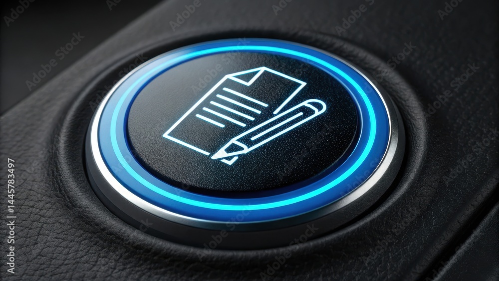 Poster glowing blue circular button with digital signature icon, featuring document and pen symbol, is embe