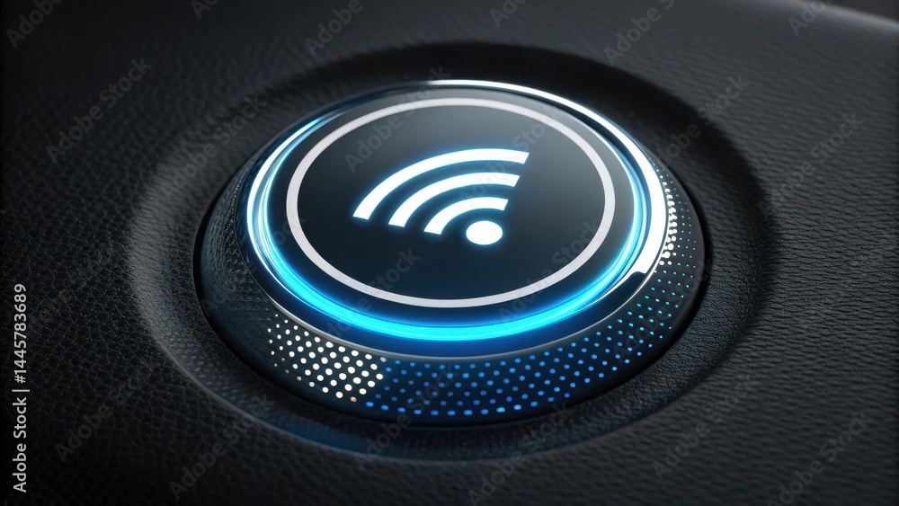 Aufkleber glowing blue digital button with wi fi symbol, representing iot connectivity, is embedded in texture