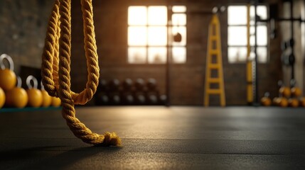 Motivational fitness scene: battle ropes hanging, a collection of kettlebells, and an agility ladder prepared for a workout.