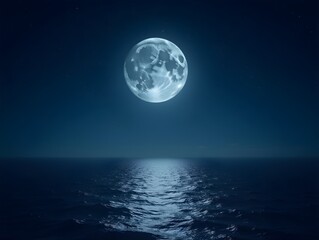 Fototapeta premium Retro night sky, full moon over ocean horizon, starry celestial landscape