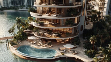 Exquisite waterfront condominium featuring a tropical pool oasis.