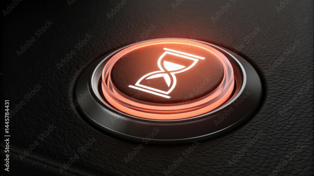 Poster glowing red button with illuminated hourglass symbol, set against textured black background, conveys