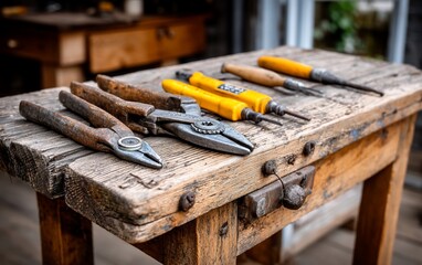 Worn workbench displaying wellused vintage hand tools