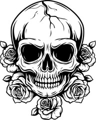 Fototapeta premium SVG design featuring a fusion of skull and floral elements in a striking artistic blend. Skull with Thorny Crown in Vintage Style for Dark Art and Design