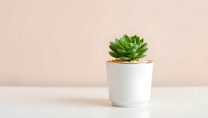 Succulent plant, small white ceramic pot, wooden base, minimalist design, soft beige background, indoor plant, home decor, natural lighting, clean aesthetic, textured wall, simplicity