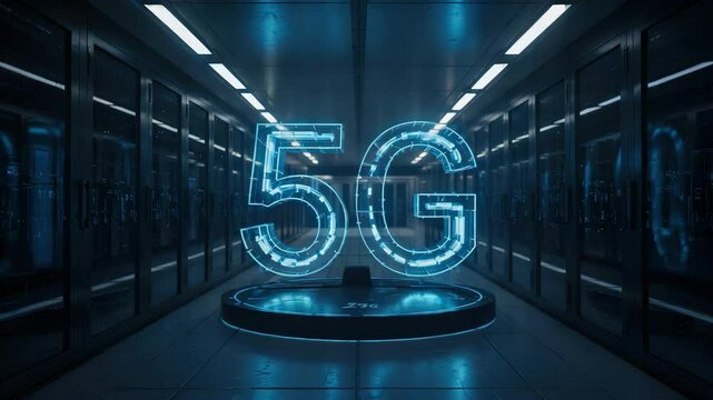 Luminous 5g hologram highlighting cutting edge server infrastructure, representing advanced network connectivity and digital transformation.