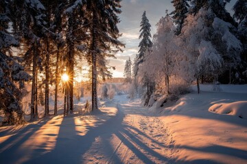 Sunlit Winter Path Through Snow-Covered Forest