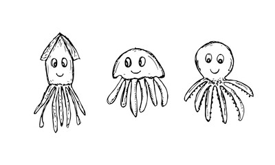 Squid, jellyfish, octopus with smiling faces, cartoon hand-drawn sea creatures.