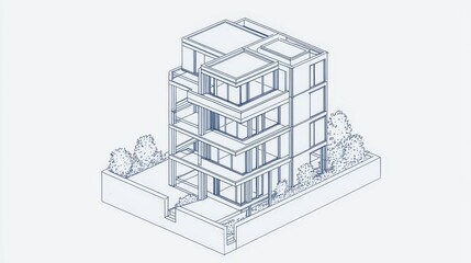 Isometric representation of a contemporary multi-story structure.