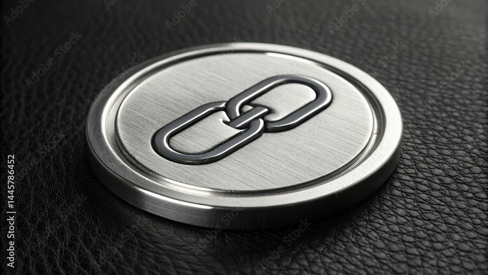 Poster metallic button with blockchain chain link symbol, featuring sleek silver design on textured black l