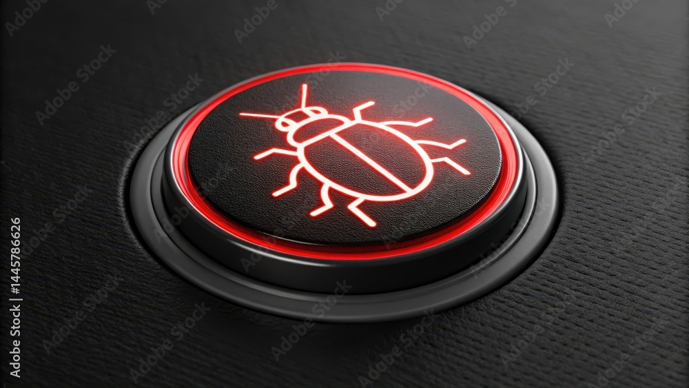 Poster minimal black button with glowing red neon bug icon, symbolizing debugging and testing concepts, pla