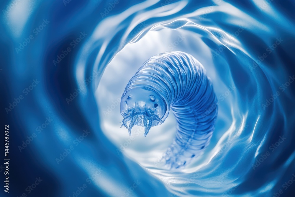 Poster microscopic view of a segmented worm inside a translucent tube, possibly a parasite or larva.