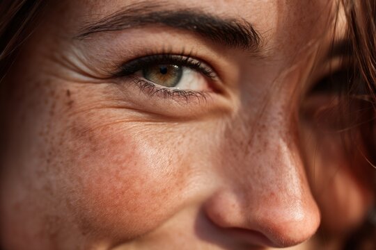 A close-up portrait of a woman's eye and freckled face, a moment of natural beauty. - Powered by Adobe