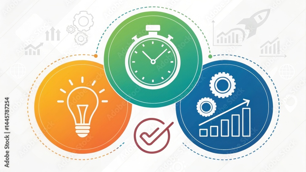 Poster colorful infographic illustrating productivity and efficiency concepts. it features three interconne