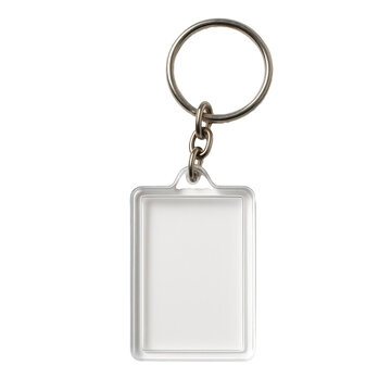 Empty clear plastic rectangle keychain fob with metal split ring and chain, ready for customization.