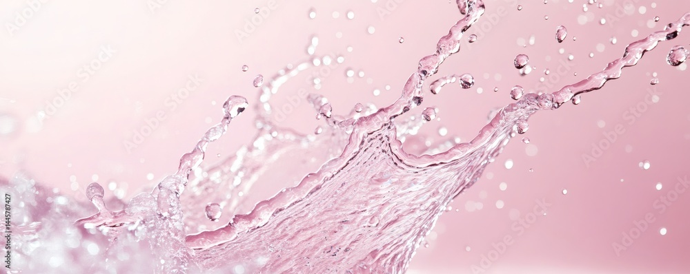 Poster beautiful splashing water with multiple droplets against a pink background