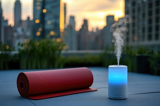 A red yoga mat and a white essential oil diffuser sit on a rooftop overlooking a city skyline at sunset.