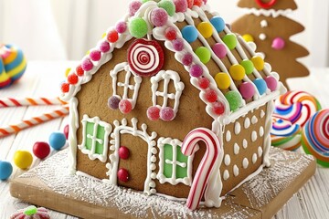Gingerbread house decorated with colorful candies and icing.