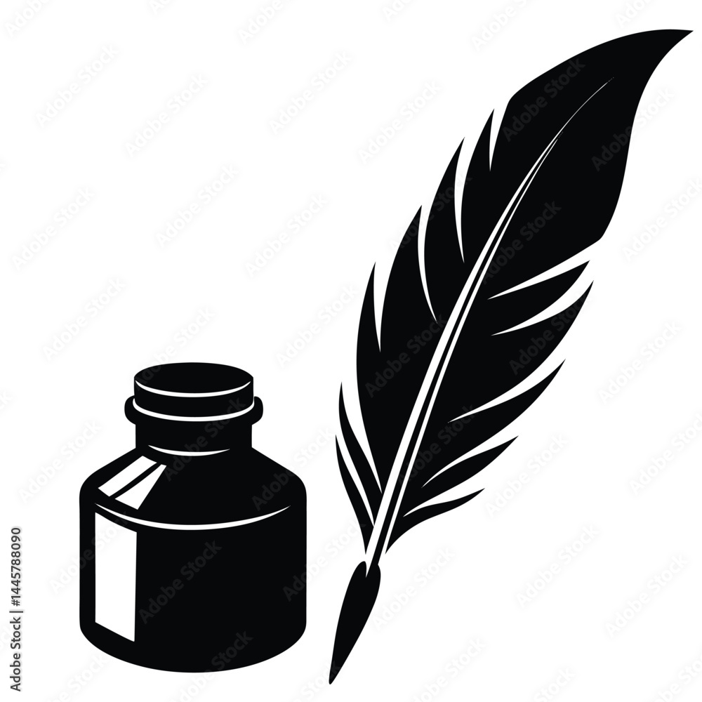 Poster isolated black vector writer using elements quill and ink bottle with white background