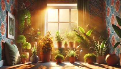 Fototapeta premium A sunlit window surrounded by lush indoor plants in terracotta pots