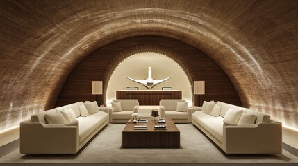 Luxurious lounge with curved wooden ceiling, beige sofas, and low coffee table
