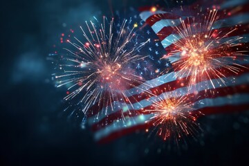 Vibrant fireworks burst over the American flag in a night sky celebration.