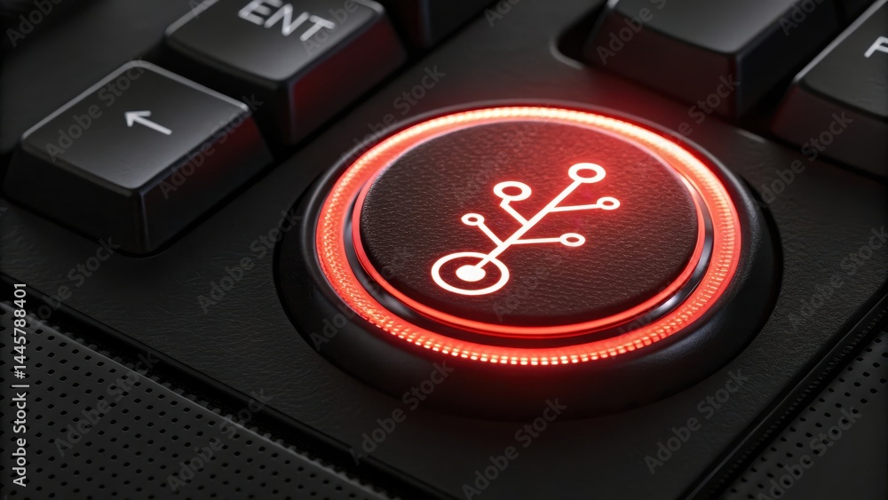 Poster glowing red neon button with git branch icon is illuminated on black keyboard, symbolizing version c