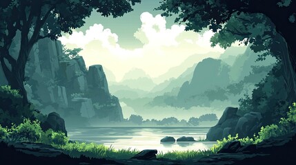 Forest with mountains, flat vector landscape, green-gray palette, scenic outdoor environment, tranquil natural design