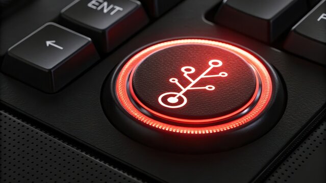Glowing red neon button with Git branch icon is illuminated on black keyboard, symbolizing version control and software development. soft lighting enhances futuristic and tech focused design