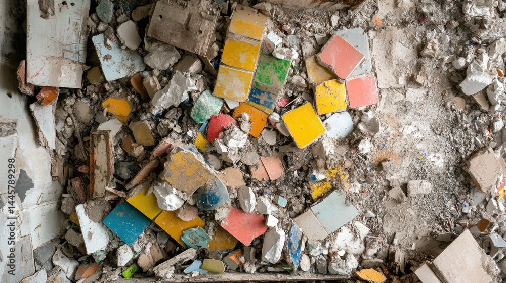 Poster high-angle shot of a waste skip containing mixed construction and demolition waste, with a distinct 