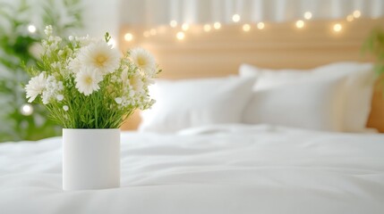 Fresh flowers brighten a serene bedroom