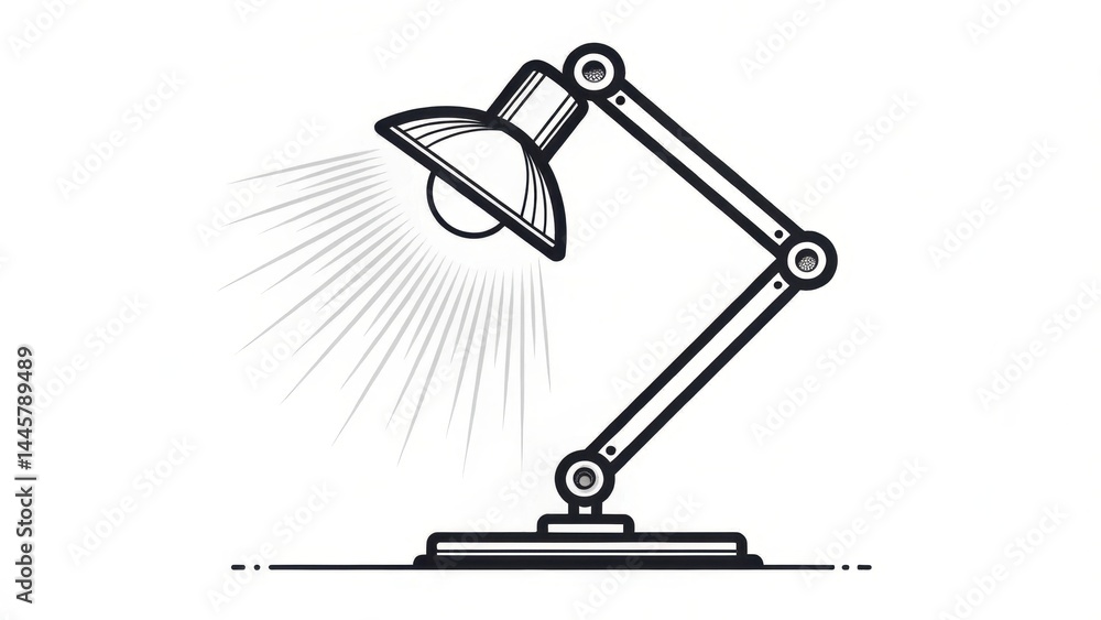 Poster minimalistic black line illustration of desk lamp with adjustable arm, emitting light rays. design i