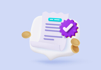 3D bill icon for payment transaction with notice. paper receipt for shopping offer in store. Business invoice bill expenses idea concept. 3d invoice list icon vector render illustration
