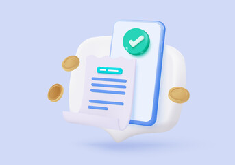 3D bill icon for payment transaction with notice. paper receipt for shopping offer in store. Business invoice bill expenses idea concept. 3d invoice list icon vector render illustration