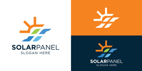 Modern simple solar energy logo template. Abstract solar panel with sun and leaf logo design vector illustration.