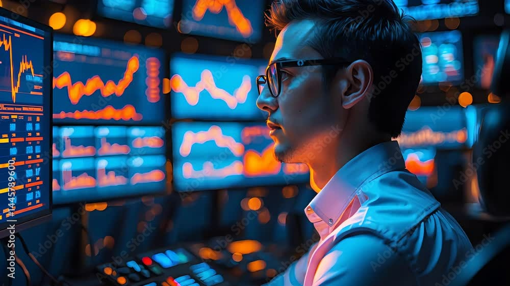 Poster focused financial analyst monitoring real-time stock market data on multiple screens in a high-tech 