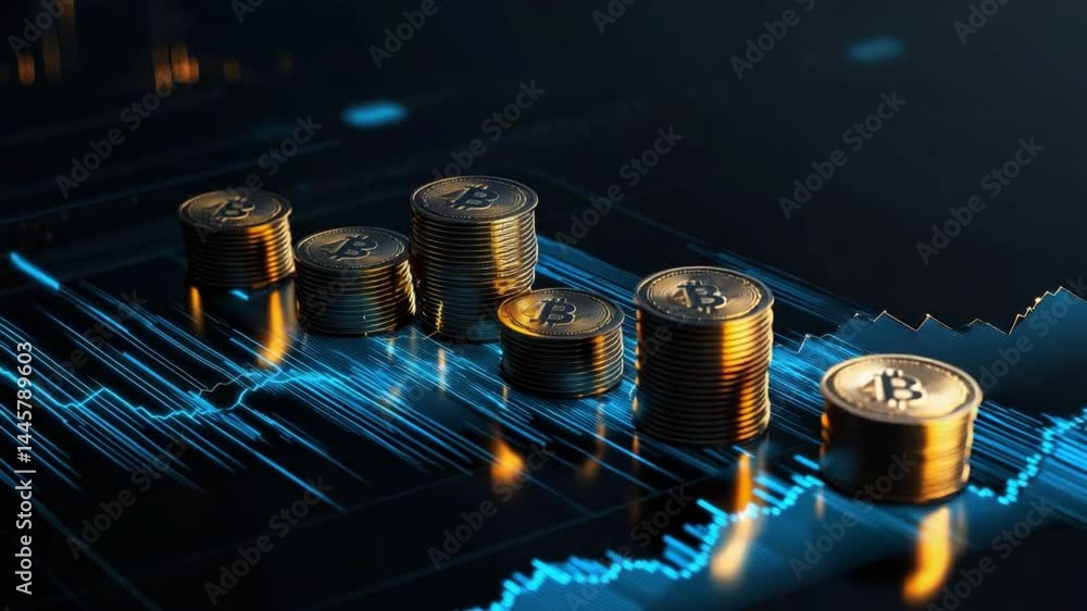 Poster stacks of bitcoin coins with graph lines representing cryptocurrency market trends and financial ana